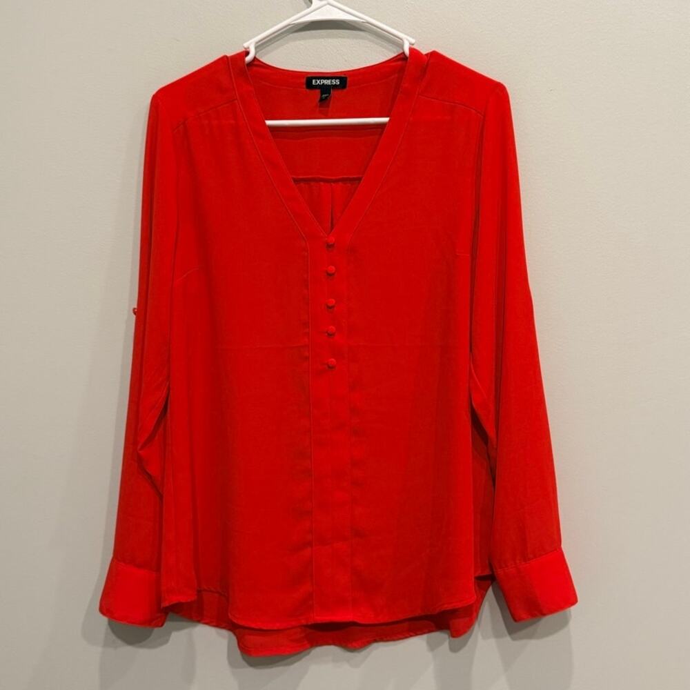 Express Red VNeck Rollup Sleeve Popover Relaxed Blouse Chiffon Top Size Medium